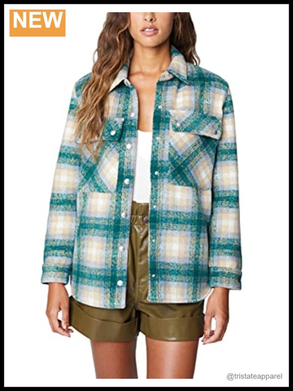 Plaid Shacket Jacket - Women's Faux Leather Trim Long Sleeve